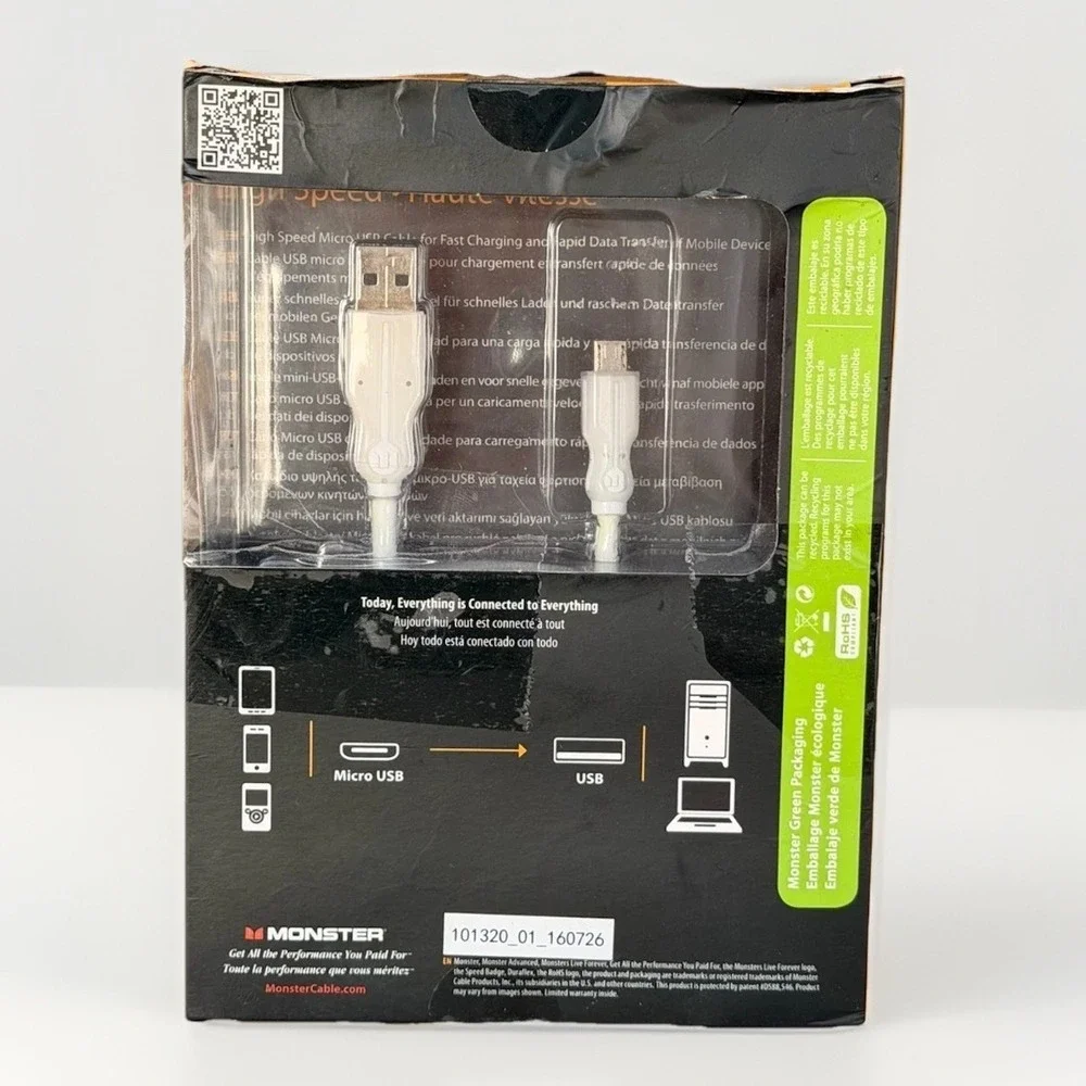 Pack of 2 Monster Micro USB Cables High Speed Fast Charge Flexible Durable White